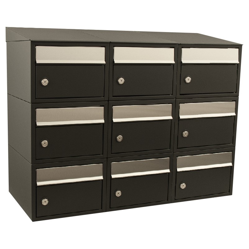 Brievenbus Brick 3-breed, 3-hoog met dak zwart