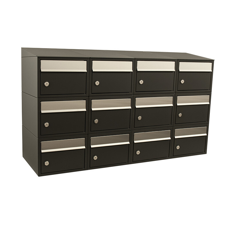 Brievenbus Brick 4-breed, 3-hoog met dak zwart