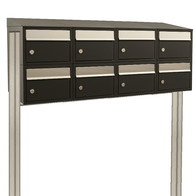 Brievenbus Brick 4-breed, 2-hoog met dak op statief zwart