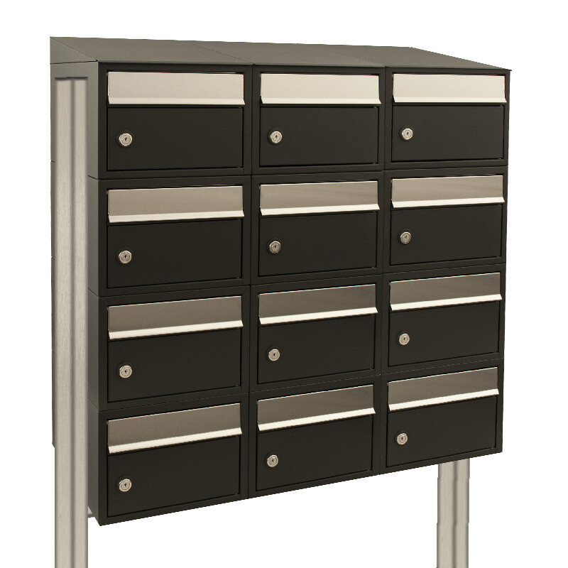 Brievenbus Brick 3-breed, 4-hoog met dak op statief zwart